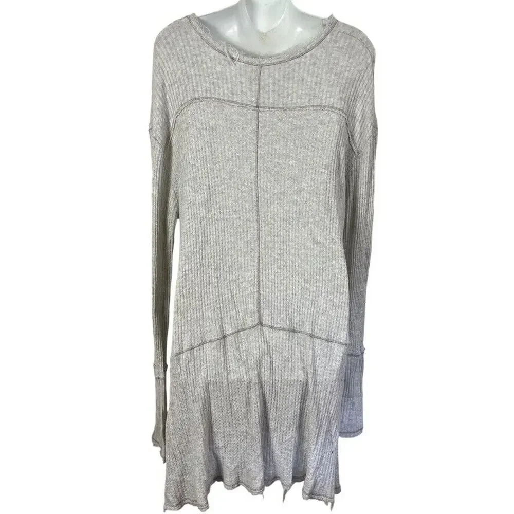 Free People Womens Waffle Knit Longline Knit V-Neck Long Sleeve Top Shirt sz M